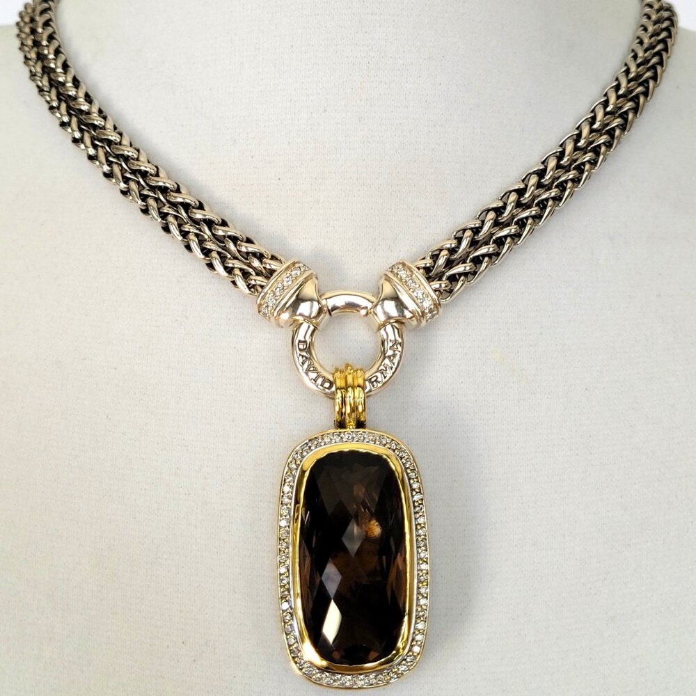 David Yurman Albion Silver 18K YG Smoky Quartz Diamond Pendant Double Necklace
